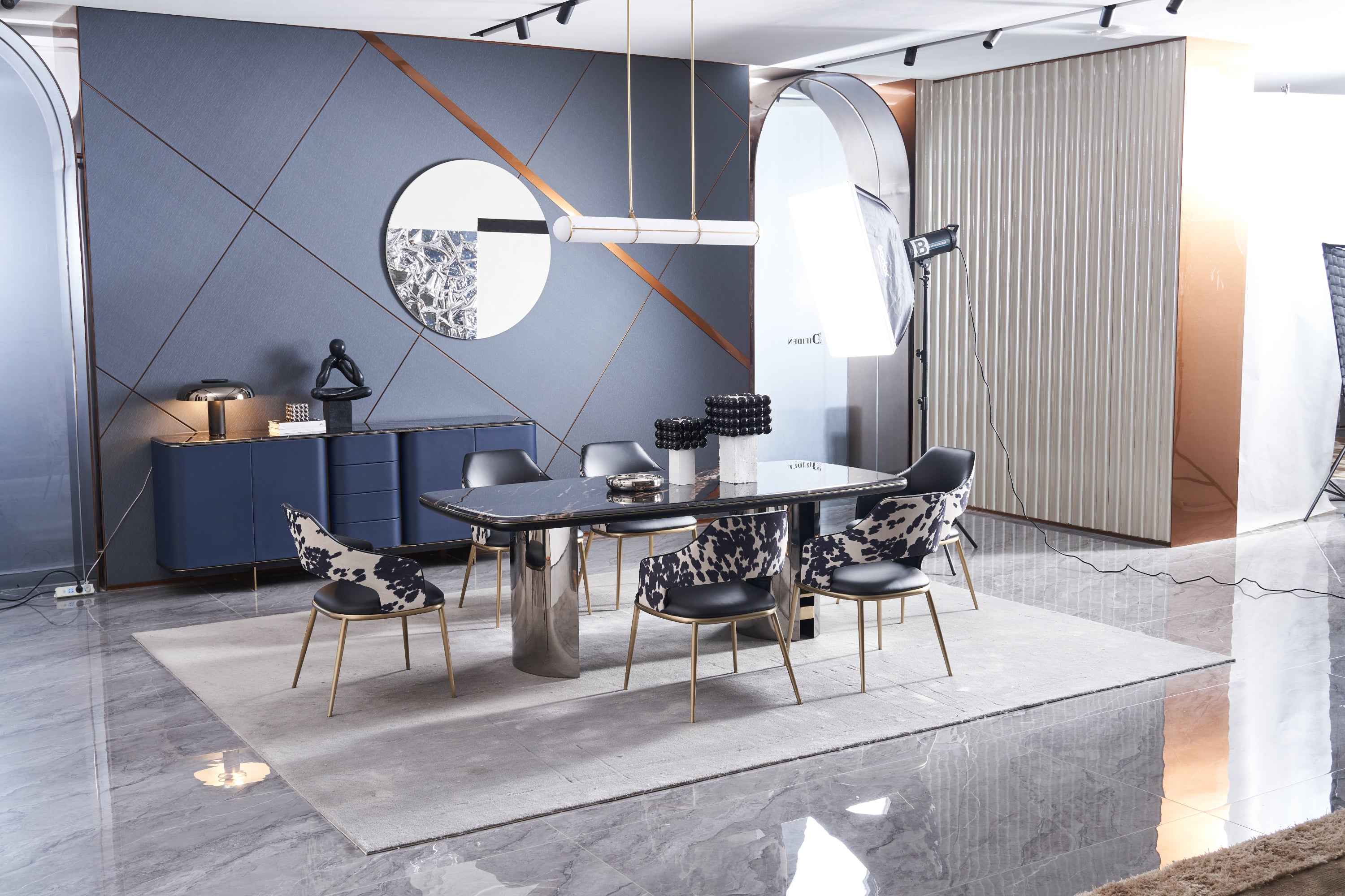 Italian minimalist style starry sky gilt color crystal stone Platinum diamond marble Valkin marble gold powder Pandora marble Blue crystal marble long dining table DA-051-1 Long dining Table