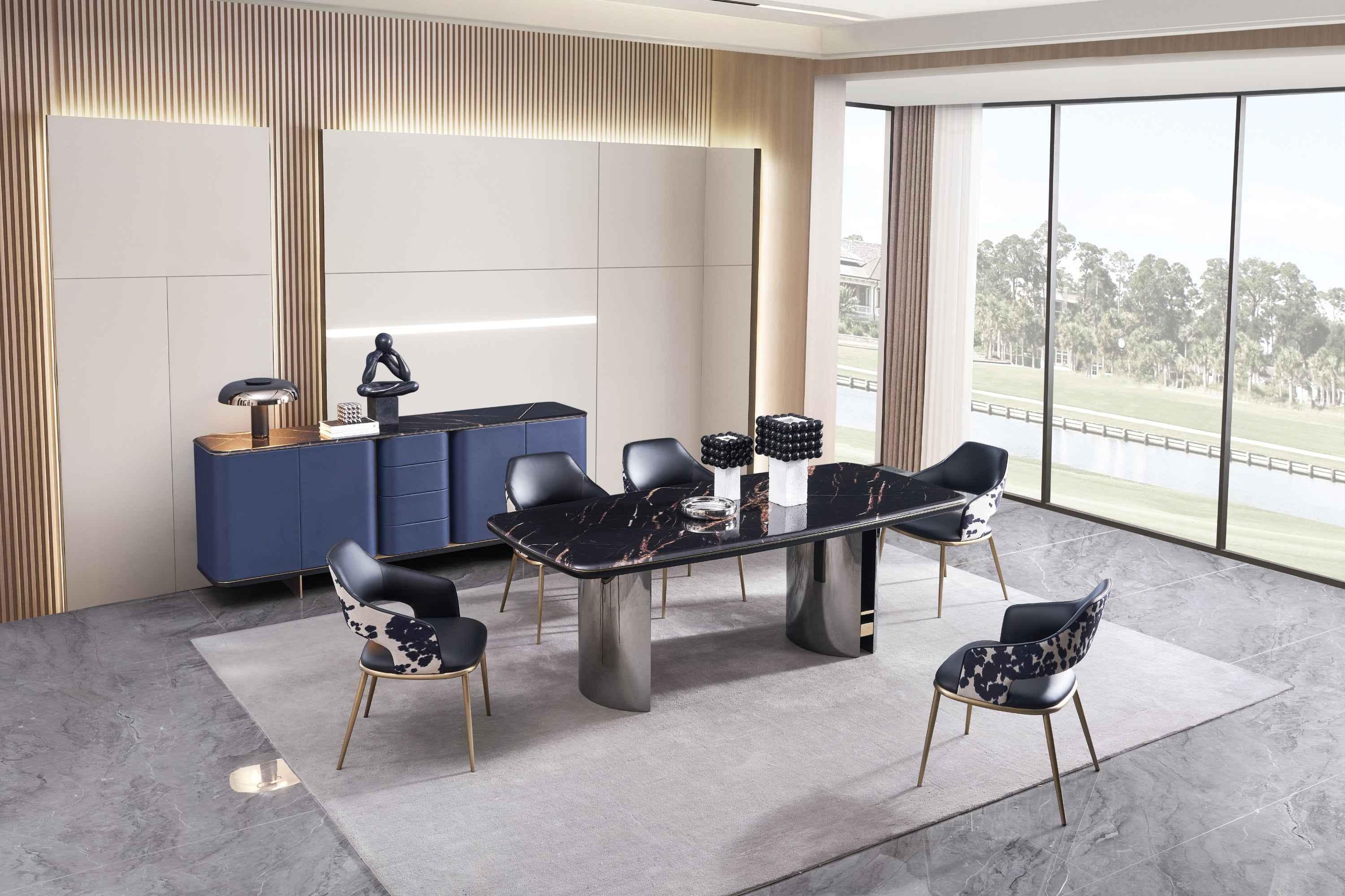 Italian minimalist style starry sky gilt color crystal stone Platinum diamond marble Valkin marble gold powder Pandora marble Blue crystal marble long dining table DA-051-1 Long dining Table