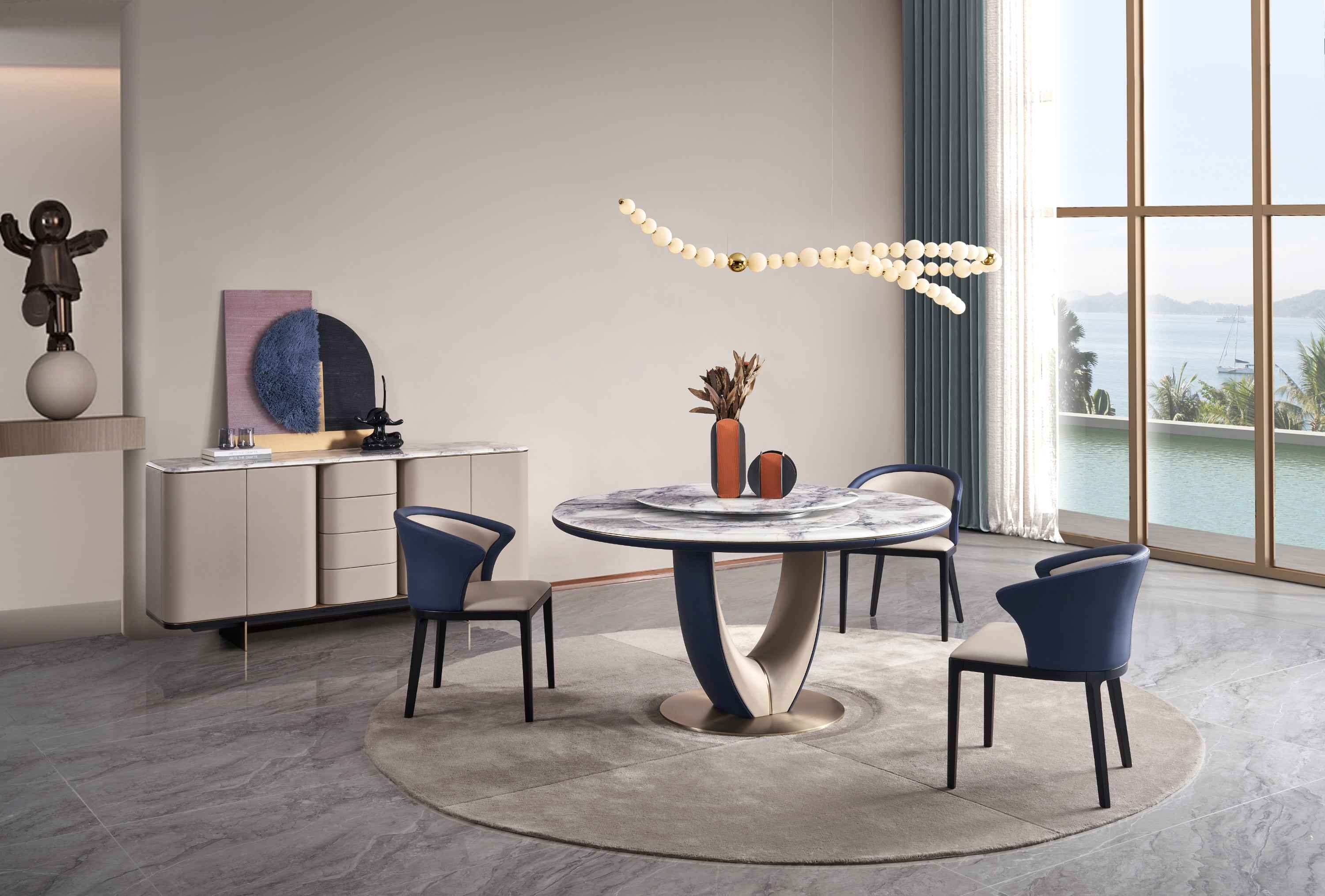 Italian minimalist color stone Platinum diamond marble Valgin marble gold powder Pandora marble Blue crystal marble long dining table DA3-050-5 DA3-050-6 Round dining table